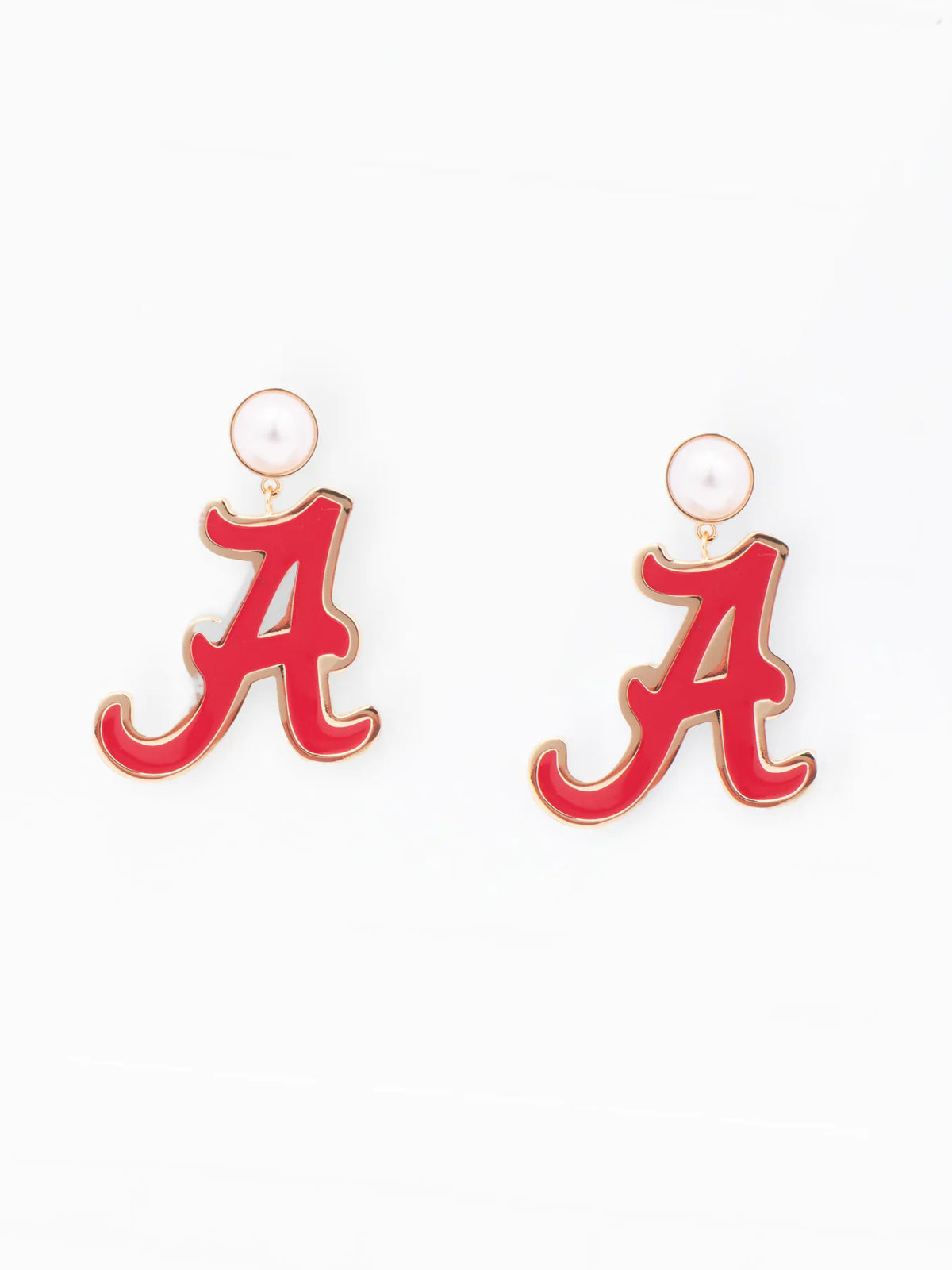 A pair of drop earrings featuring the Alabama Crimson Tide 'A' logo in red enamel with gold-tone metal trim, suspended from white faux-pearl studs on a clean white background.