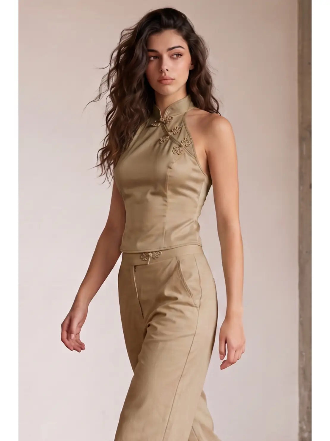 Girl wearing brown halter top and pants