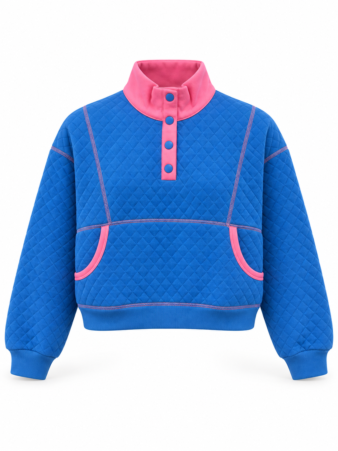 Blue diamond-quilted pullover with a bright pink stand collar, four-snap placket, pink-trimmed kangaroo pocket, and ribbed cuffs and hem on a white background.