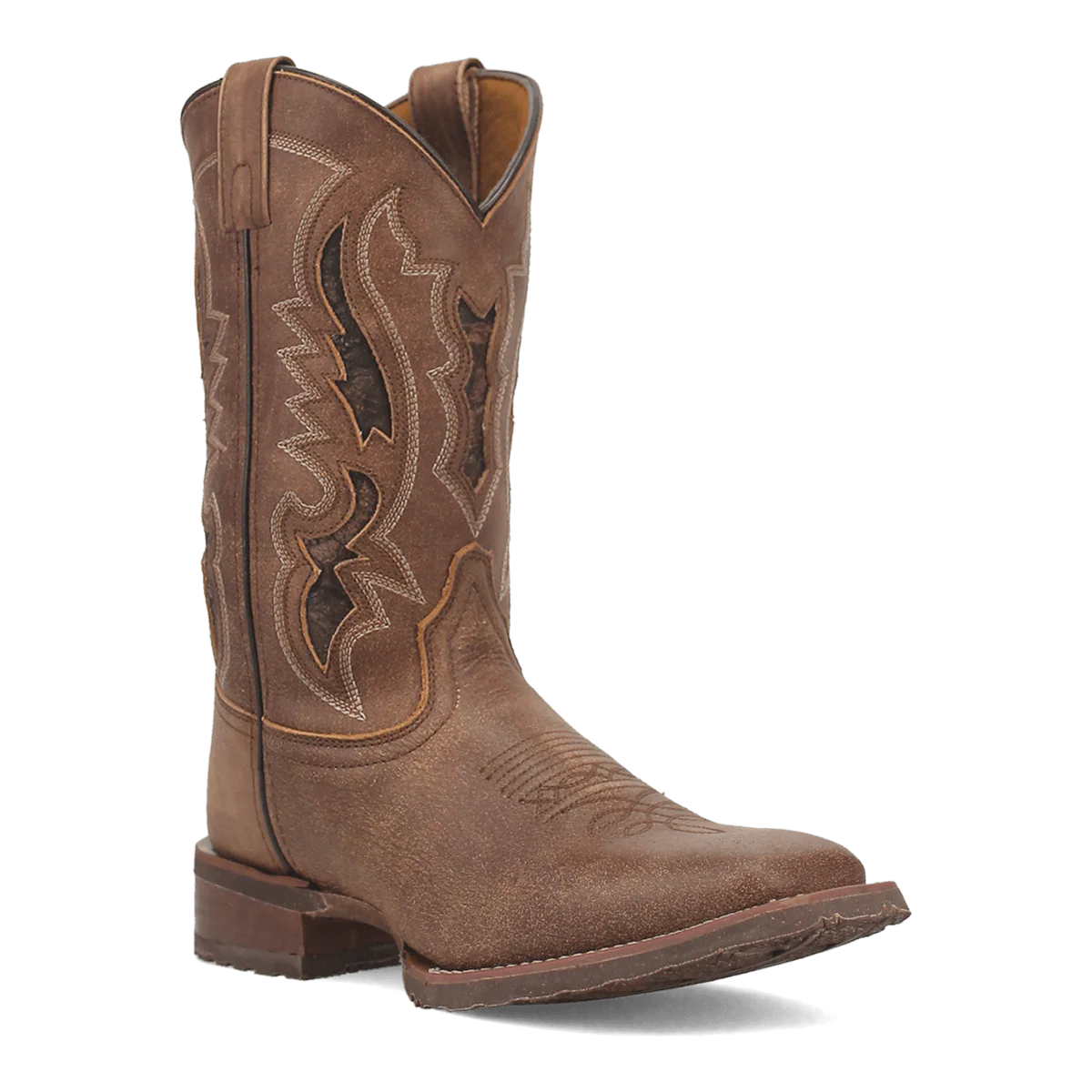 Brown cowboy boot with intricate stitching on a white background