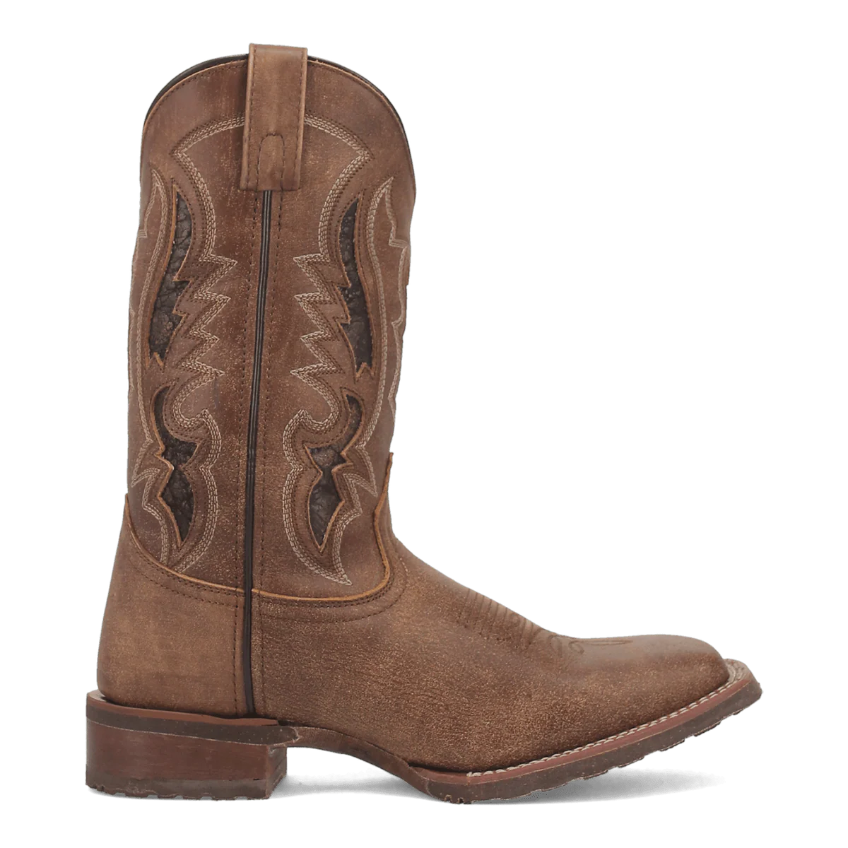 Brown cowboy boot with intricate stitching on a white background