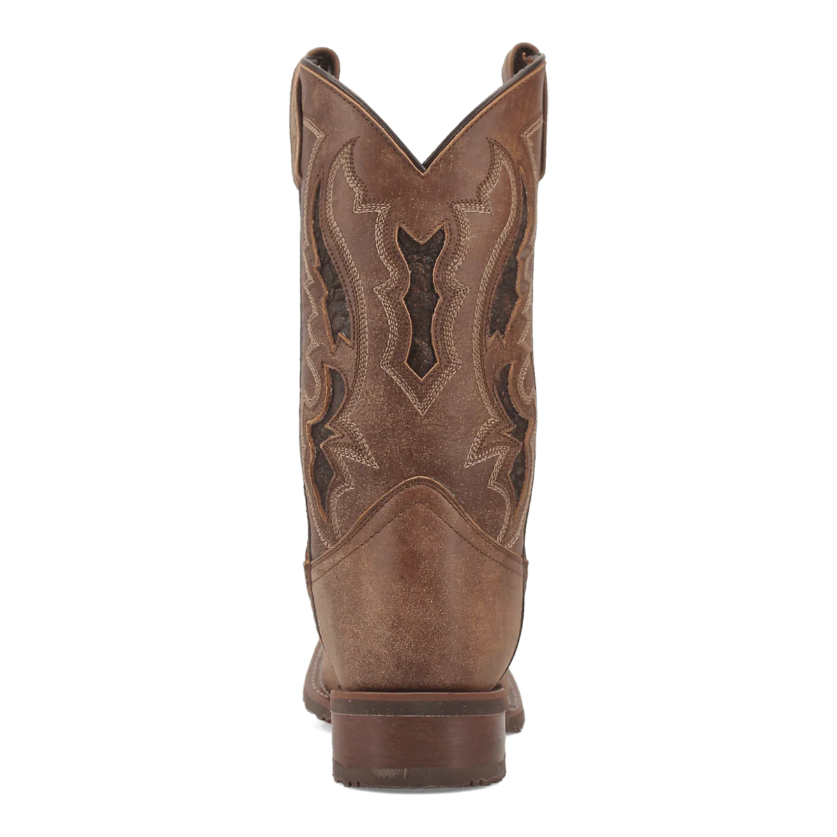 Brown cowboy boot with intricate stitching on a white background