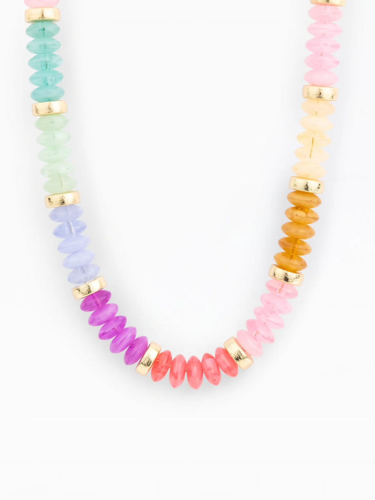 A beaded necklace featuring multiple strands of faceted gemstone beads in pastel and bright colors, separated by small gold disc spacers, shown against a plain white background.