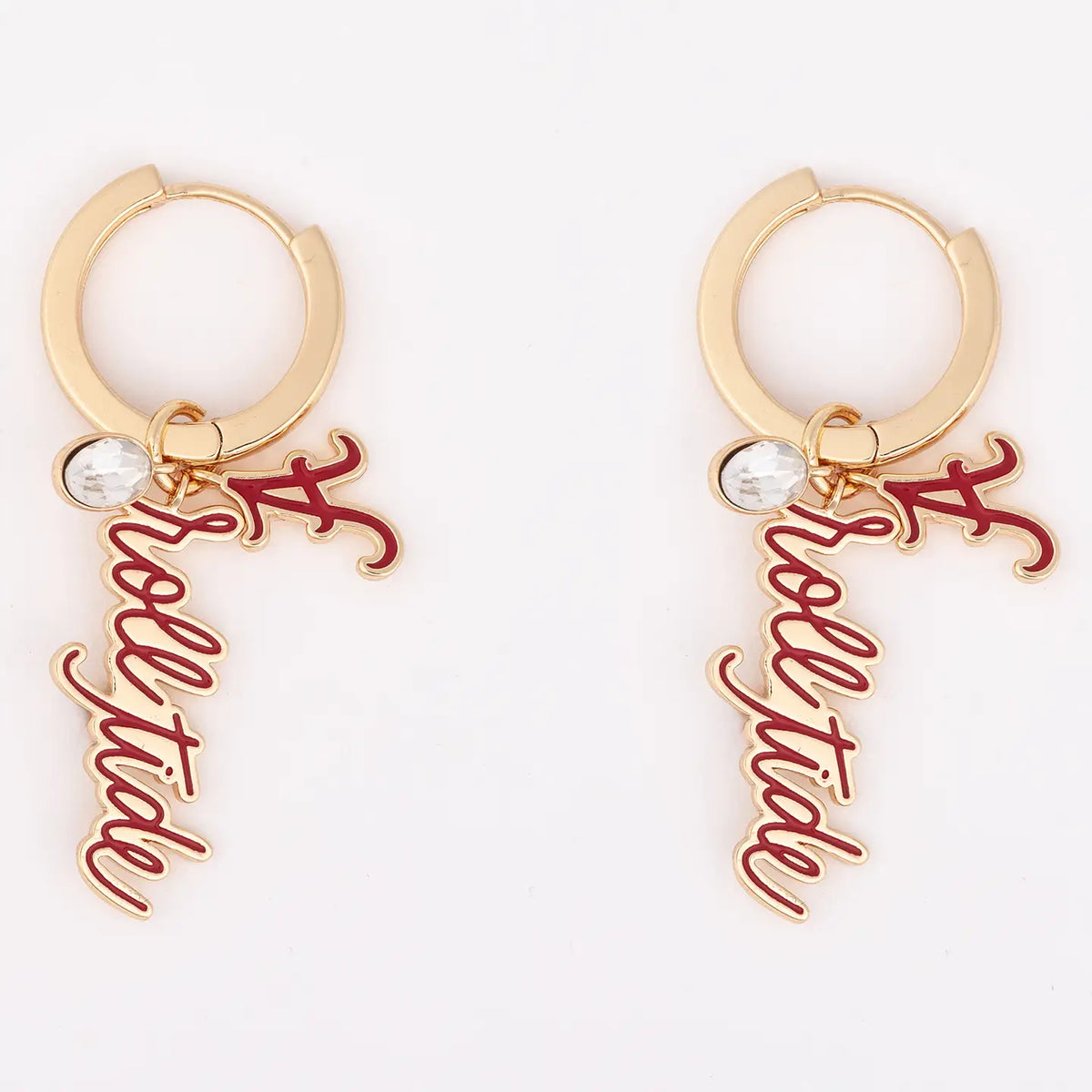 Gold 'roll tide' dangle earrings with diamond charm and Alabama 'A charm on a white background. 