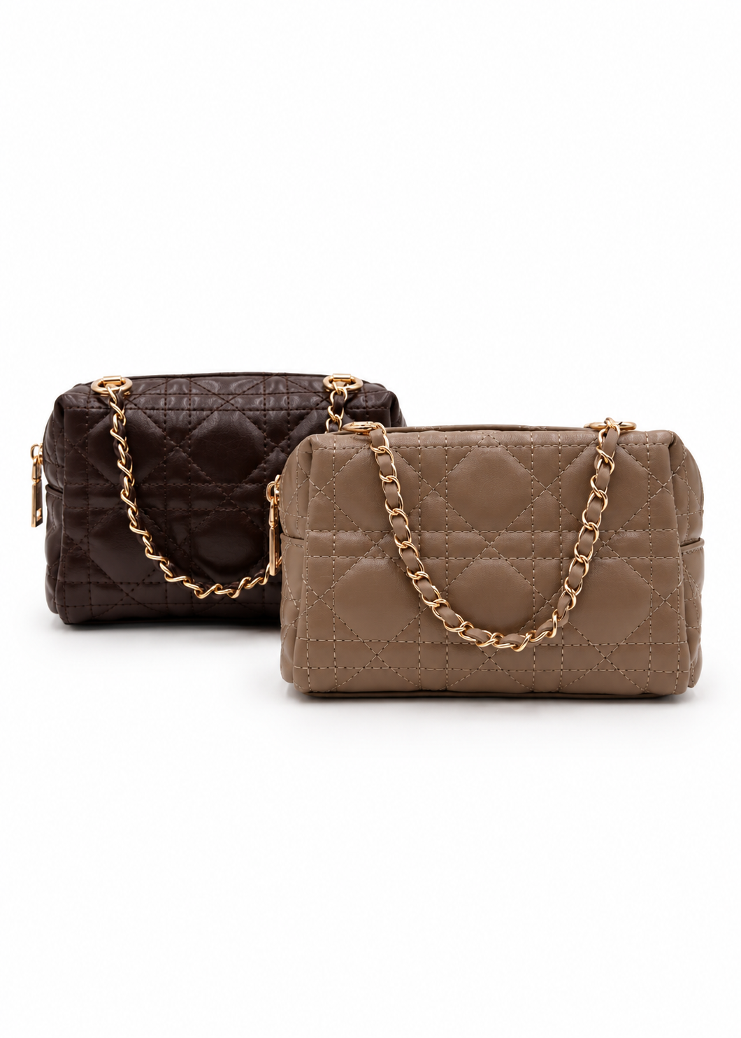 Two quilted handbags with gold chain straps, one in dark brown and one in taupe, displayed on a clean white background.