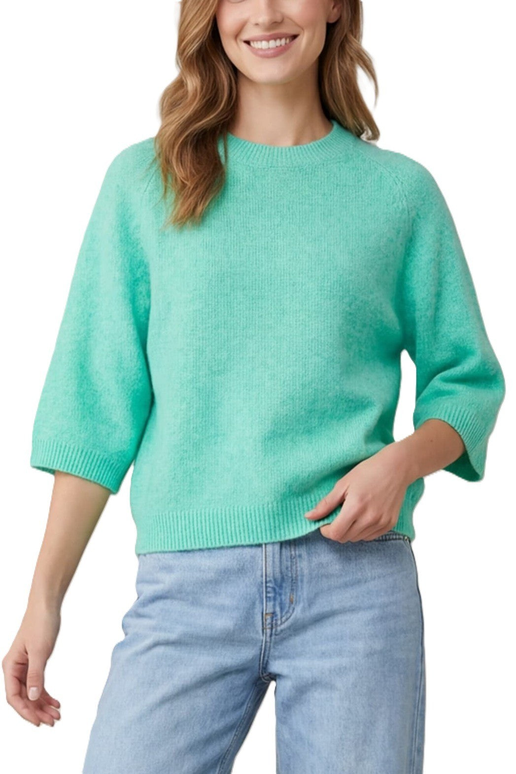 girl wearing mint sweater