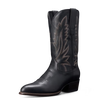 A single black leather cowboy boot with decorative light brown stitching on the shaft, shown from a side profile against a plain white background.