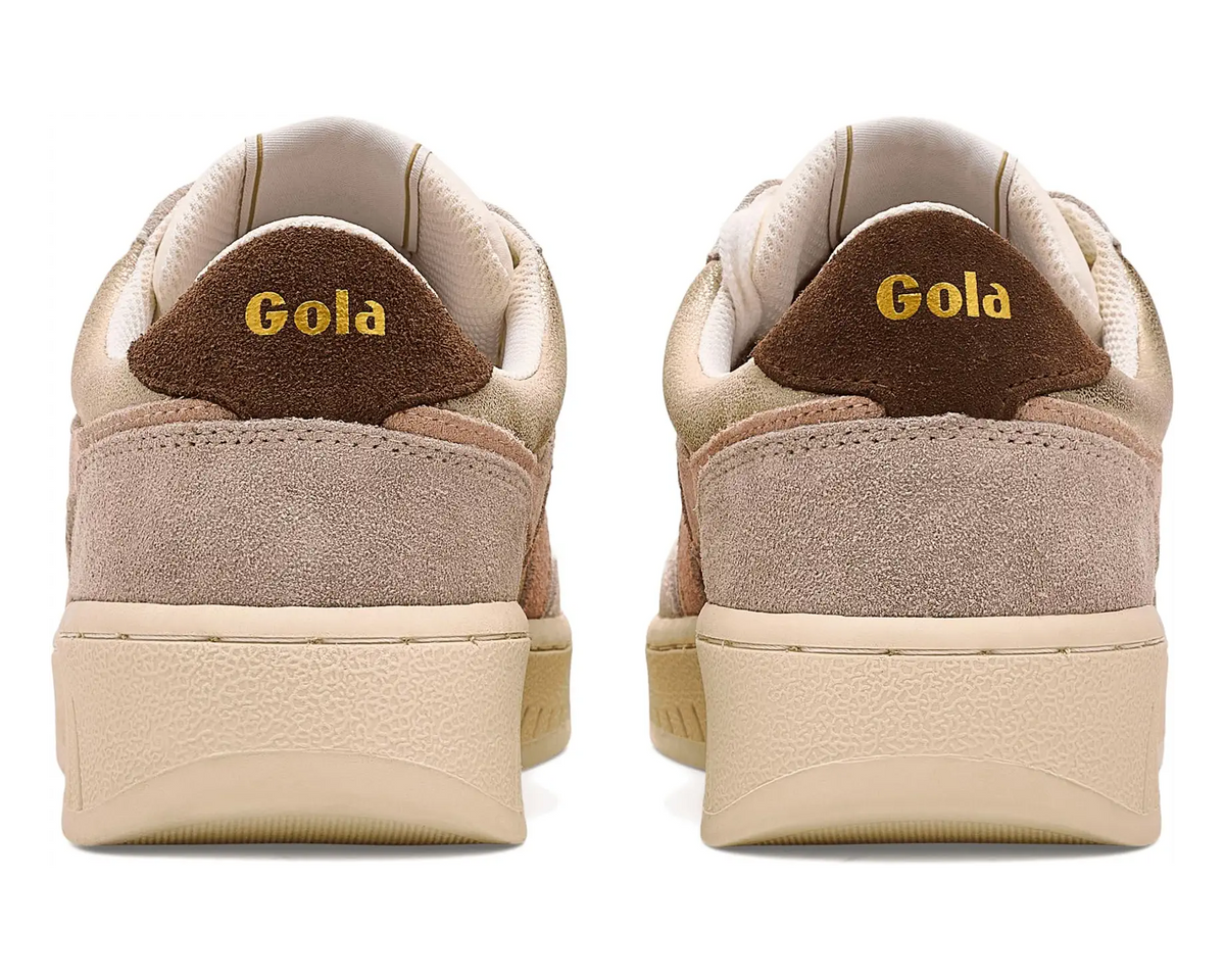 A pair of Gola sneakers shown from the back, featuring beige suede and mesh uppers, a brown heel tab with gold 'Gola' branding, and cream-colored soles on a white background.