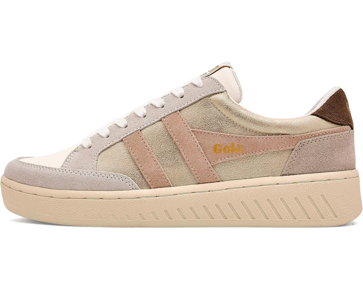 A low-top platform sneaker in beige, taupe, and light brown suede, featuring a thick cream platform sole, white laces, and a gold 'Gola' logo on the side.