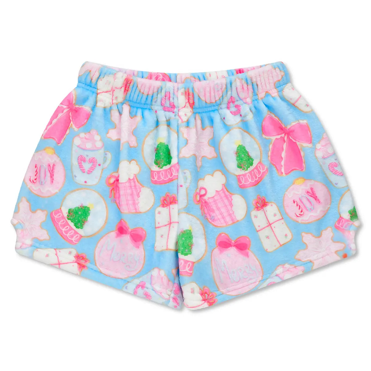 A pair of kids' lounge shorts in a light blue color, featuring an all-over festive print of pink bows, gift boxes, hot cocoa mugs, and snow globes on a white background.