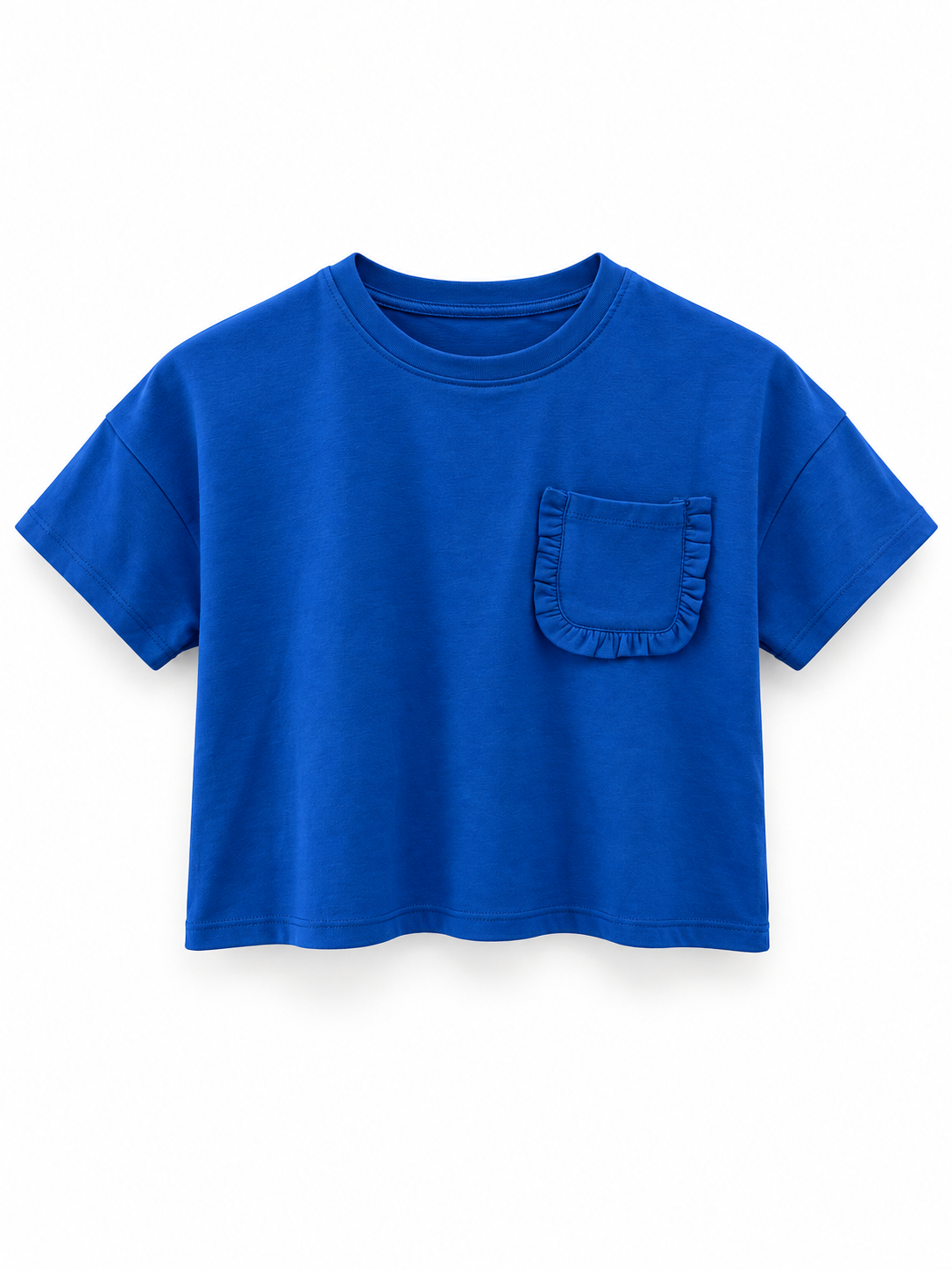 Blue cropped crewneck T-shirt with short sleeves and a ruffle-trimmed chest pocket on a white background.