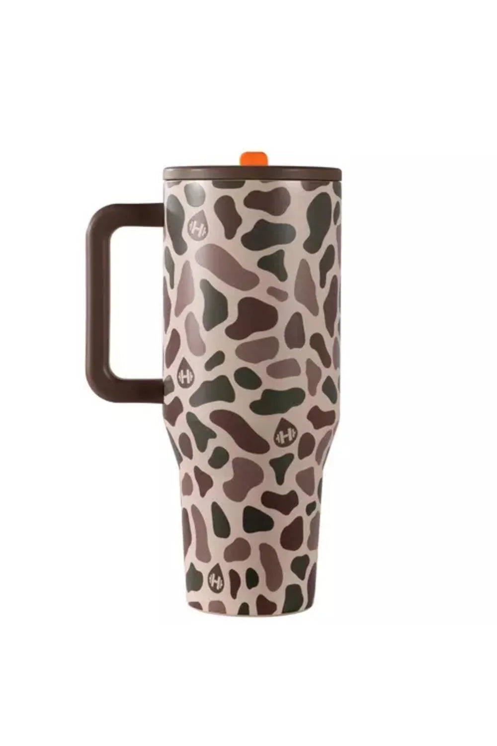 Travel mug with a patterned design on a white background