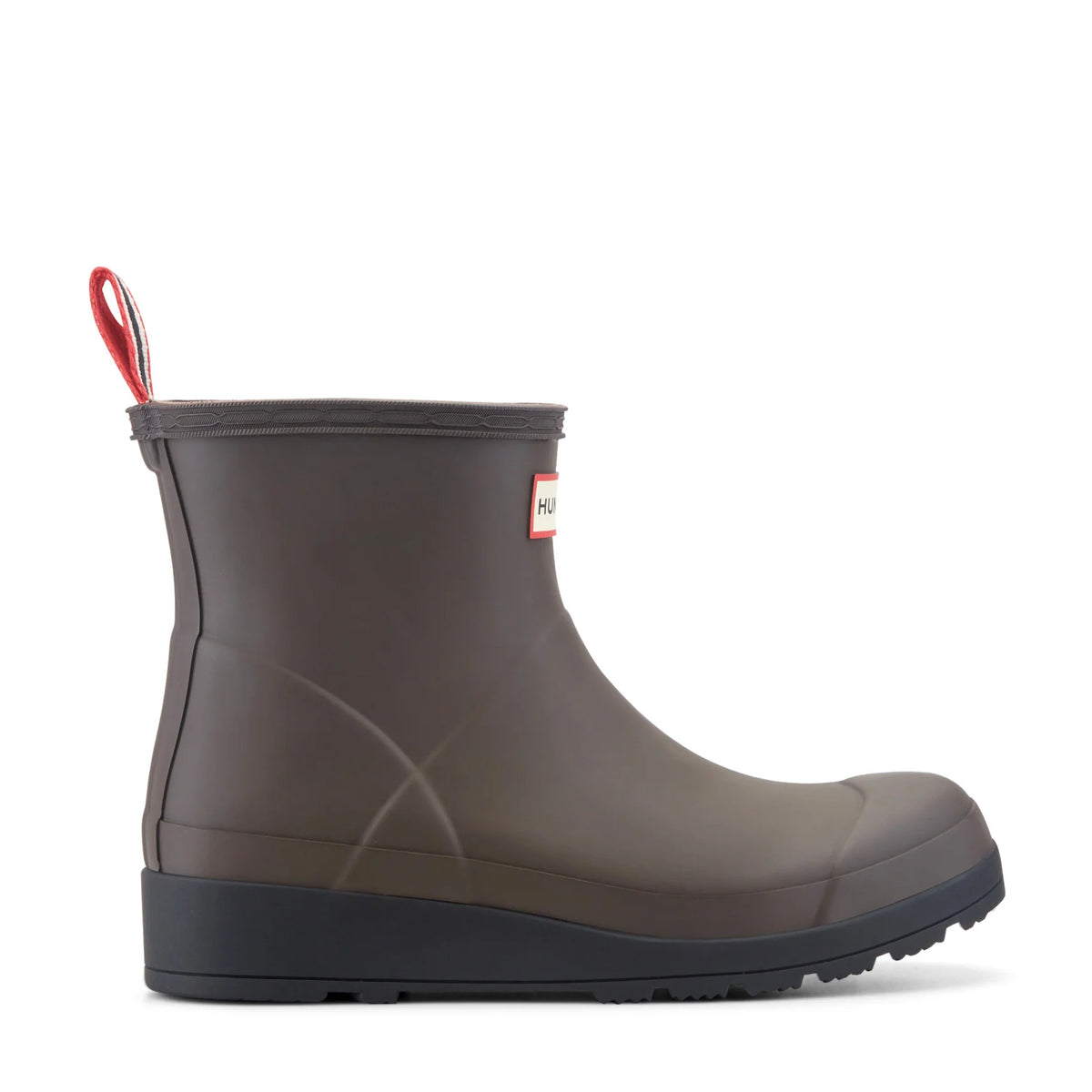 A single Hunter rain boot in a dark taupe-brown color, featuring a red pull tab and the signature Hunter logo on the side, set against a plain white background.