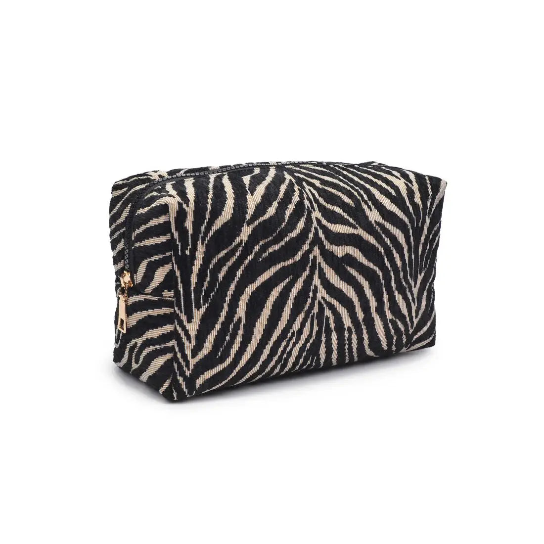 Zebra print makeup bag on a white background