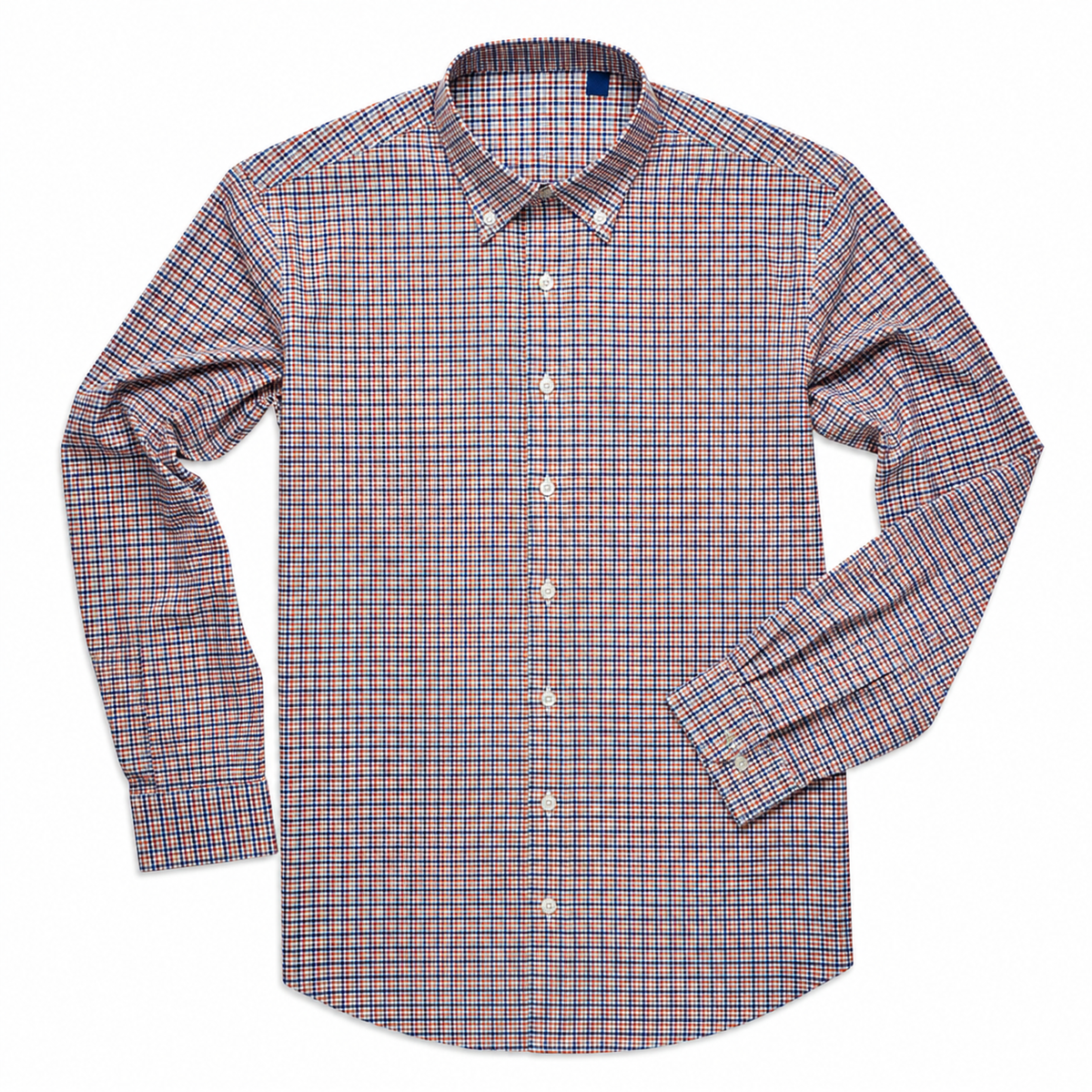 Navy and brown checkered button down on white background