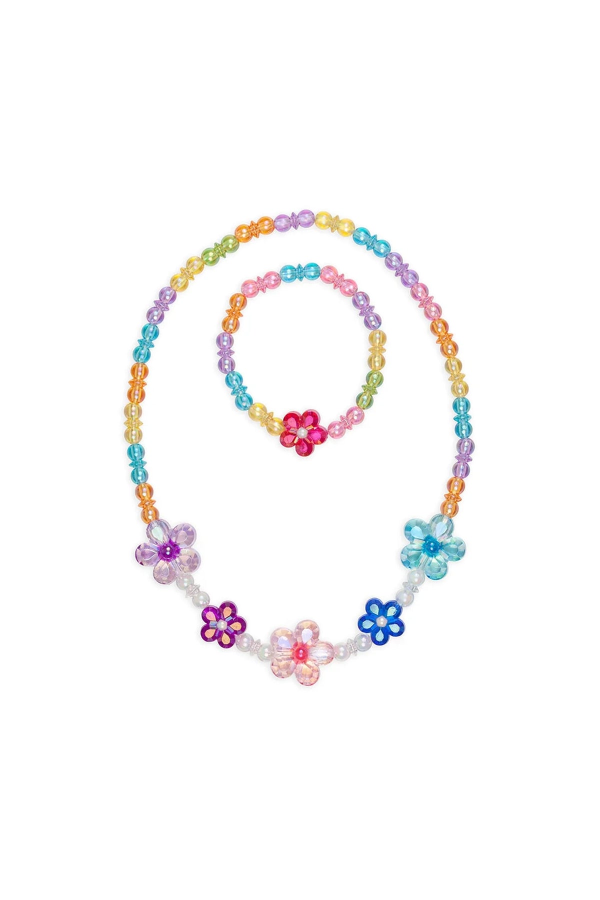 Colorful beaded flower necklace and matching bracelet featuring translucent rainbow-colored beads and floral accents on a white background.