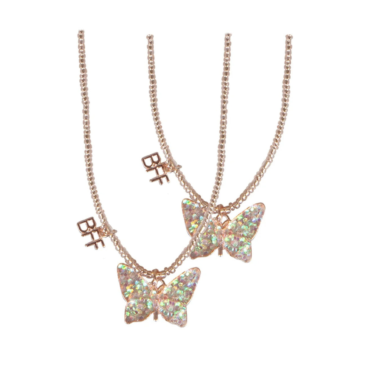 Two gold-tone beaded necklaces with pink and yellow butterfly pendants on a white background.