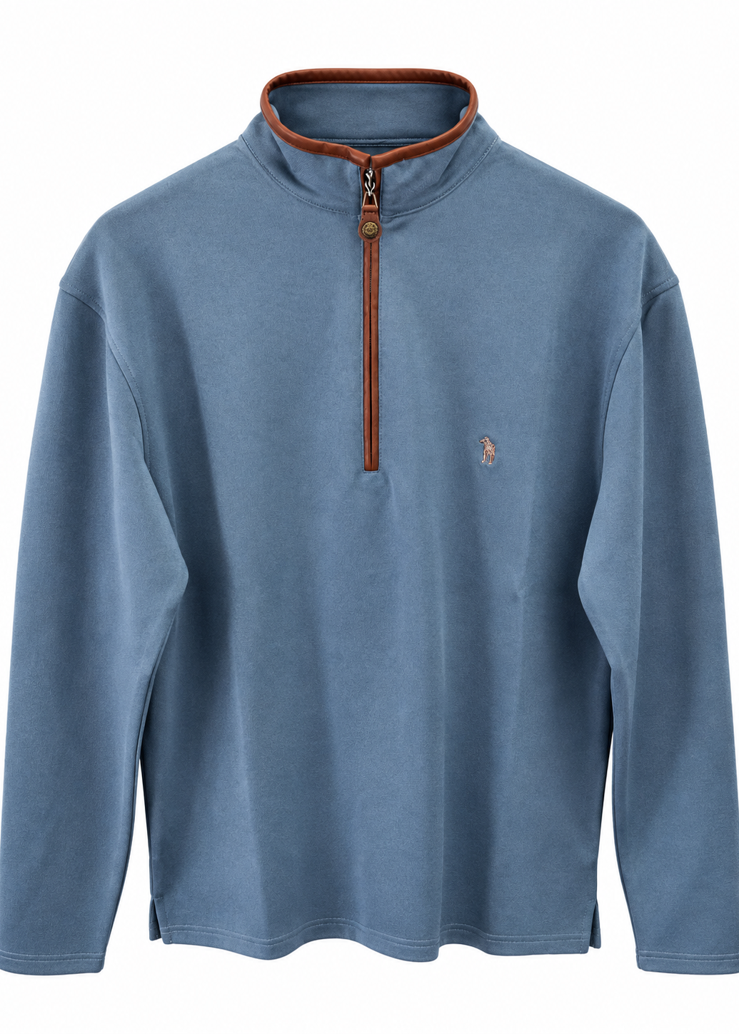 A dusty blue long-sleeve quarter-zip pullover sweater with a brown collar lining and a small embroidered polo player logo on the left chest, shown against a plain white background.