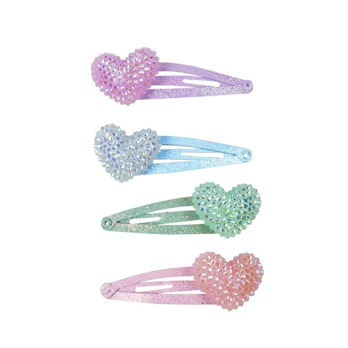 Set of four pastel glitter heart hair clips in purple, blue, green, and pink.