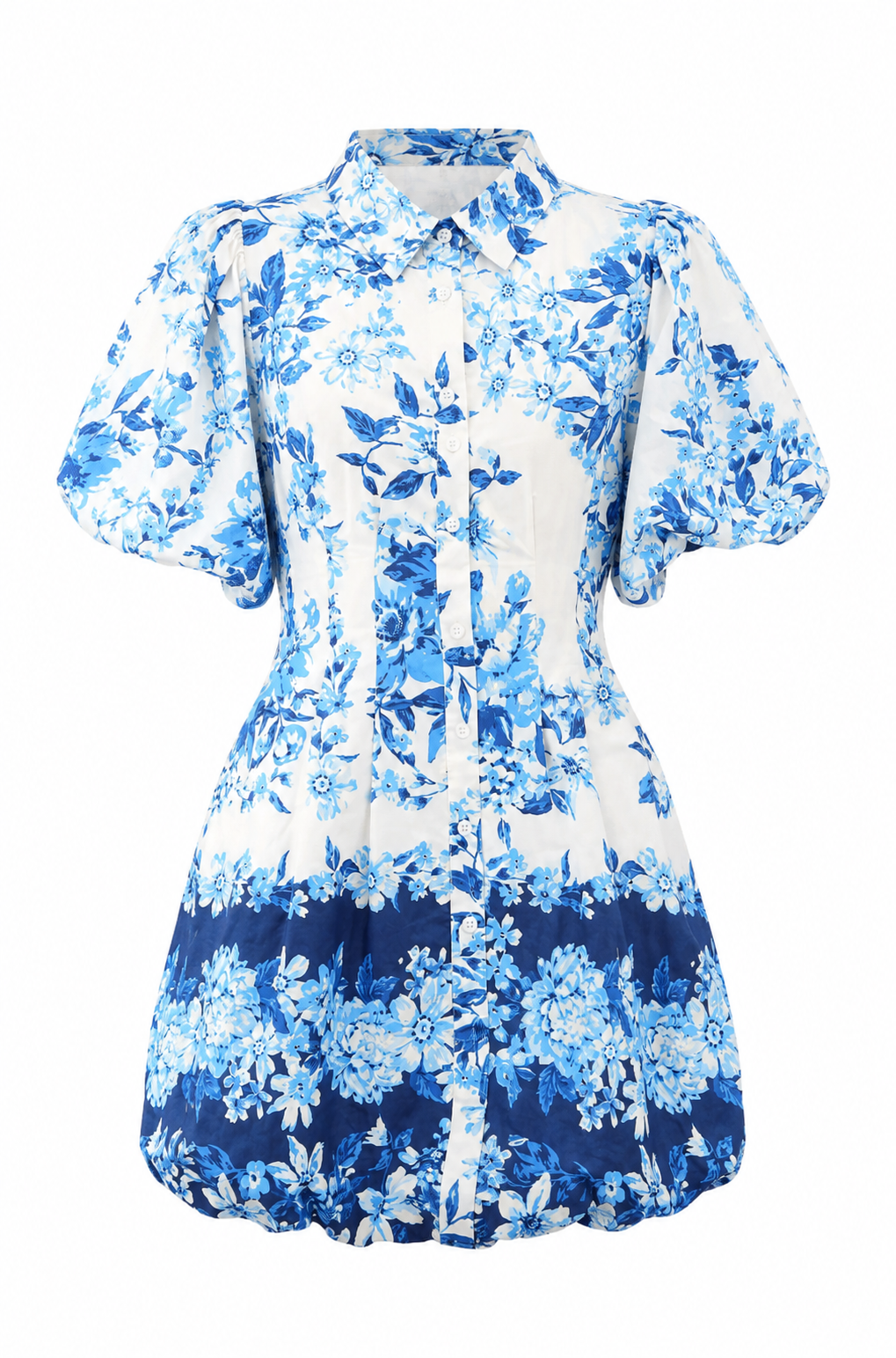 Blue and white floral dress on a white background