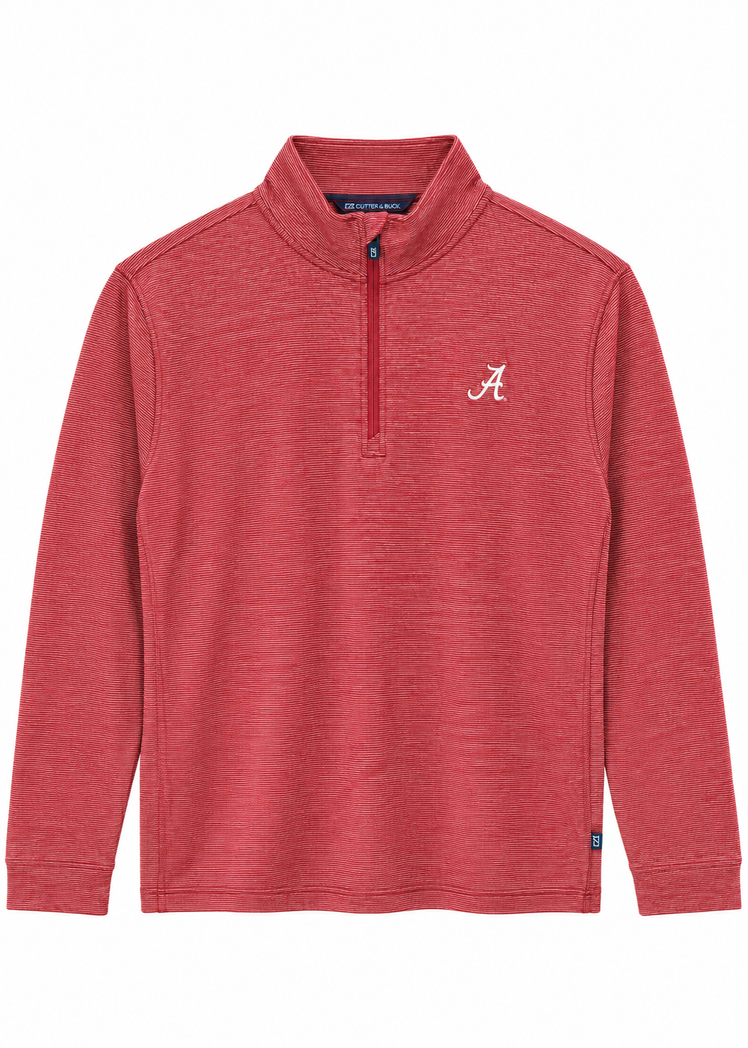 A red heathered long-sleeve quarter-zip pullover with a white embroidered Alabama 'A' logo on the left chest, displayed on a clean white background.