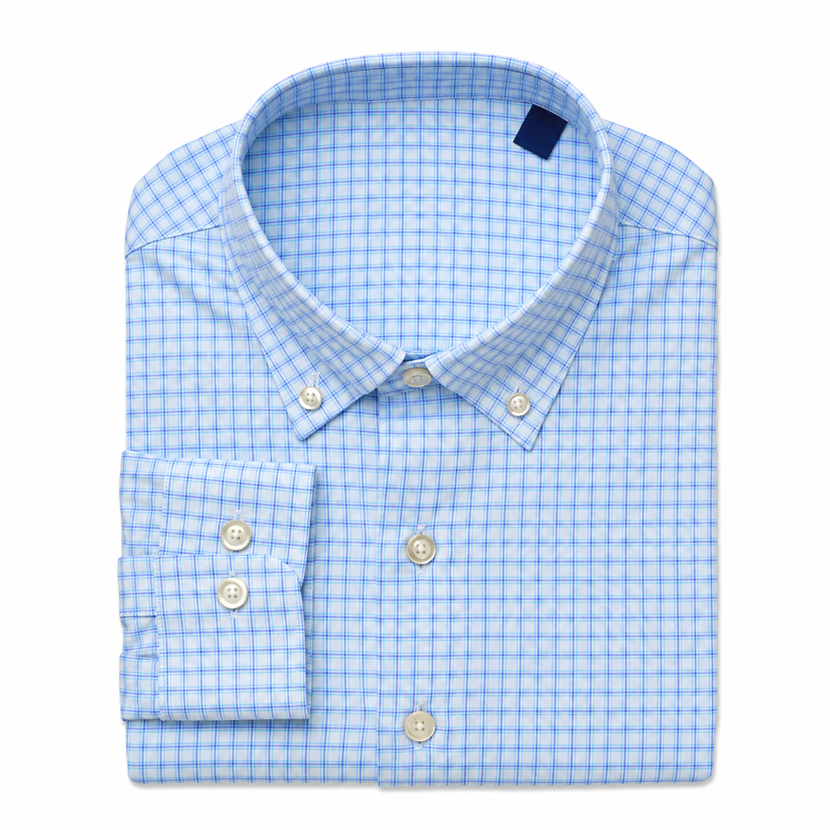 Blue and white checkered button down on white background