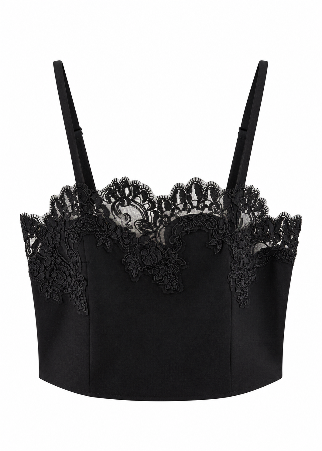 Black satin crop top with floral lace trim and thin shoulder straps, shown against a plain white background.