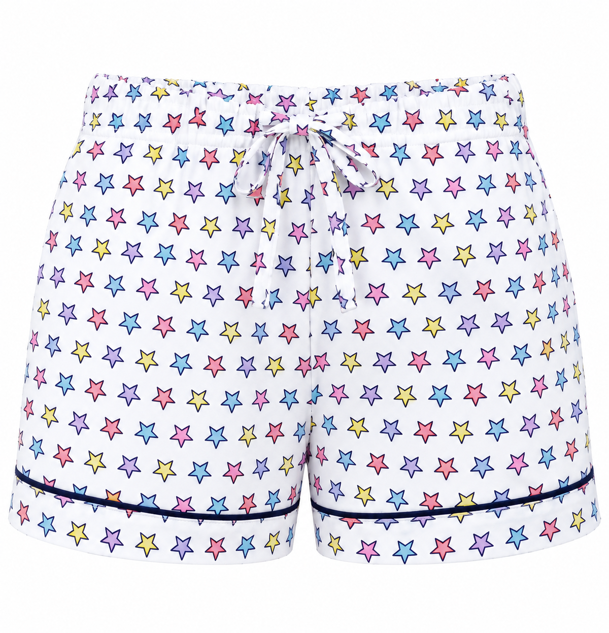White drawstring shorts covered in a colorful pattern of outlined stars in pink, blue, yellow, and purple, finished with dark piping along the hem.