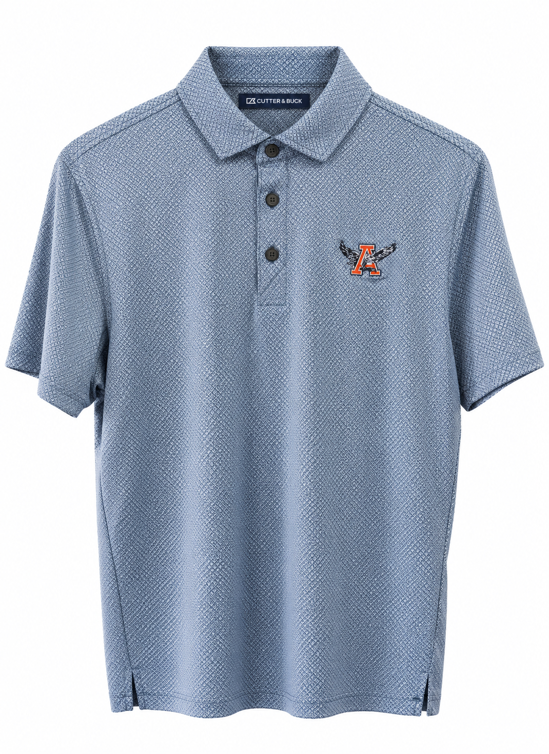 A light blue textured short-sleeve polo shirt with a three-button placket and a small embroidered logo on the left chest, displayed on a clean white background.