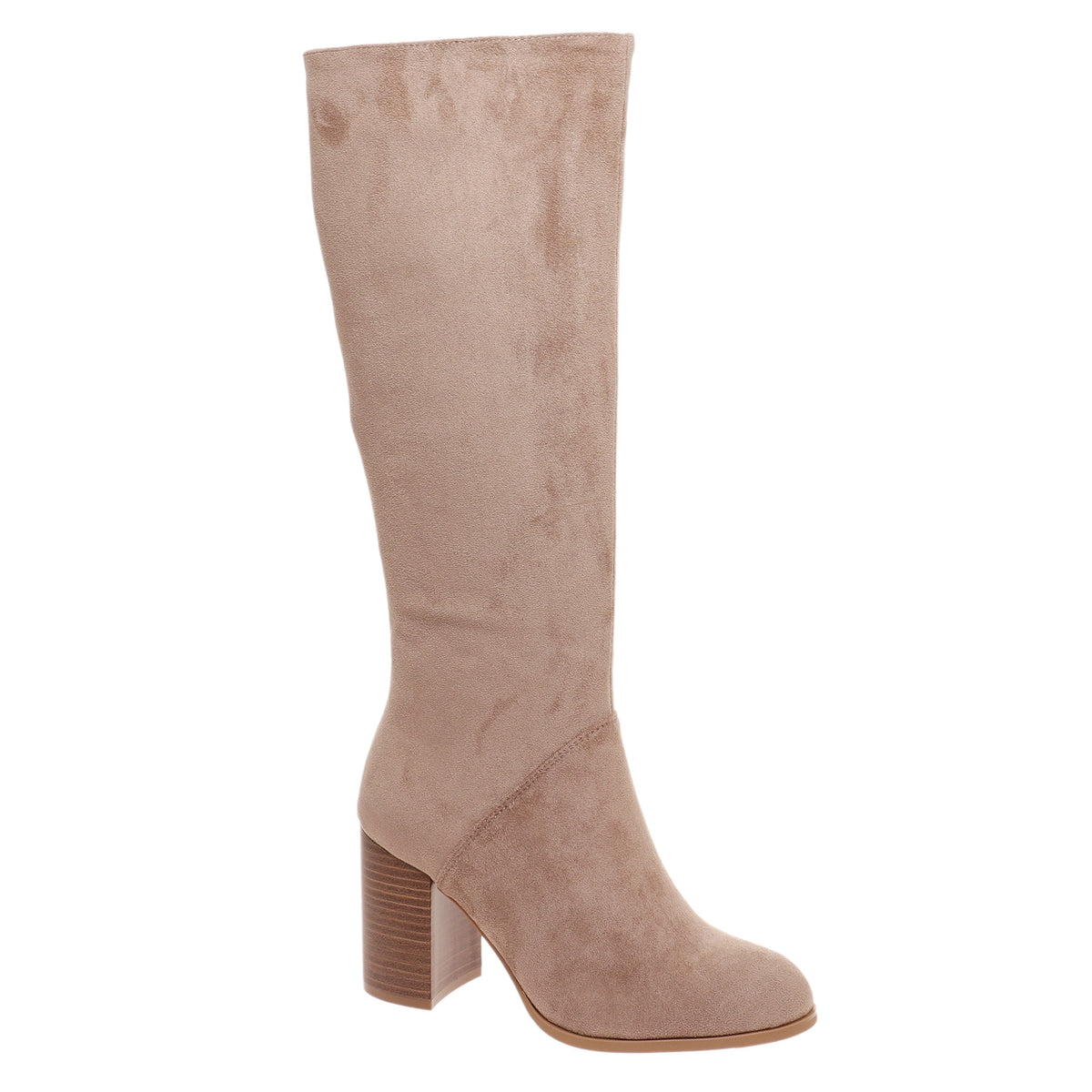 A single knee-high boot in light taupe suede with a stacked block heel, shown from a side profile on a solid white background.