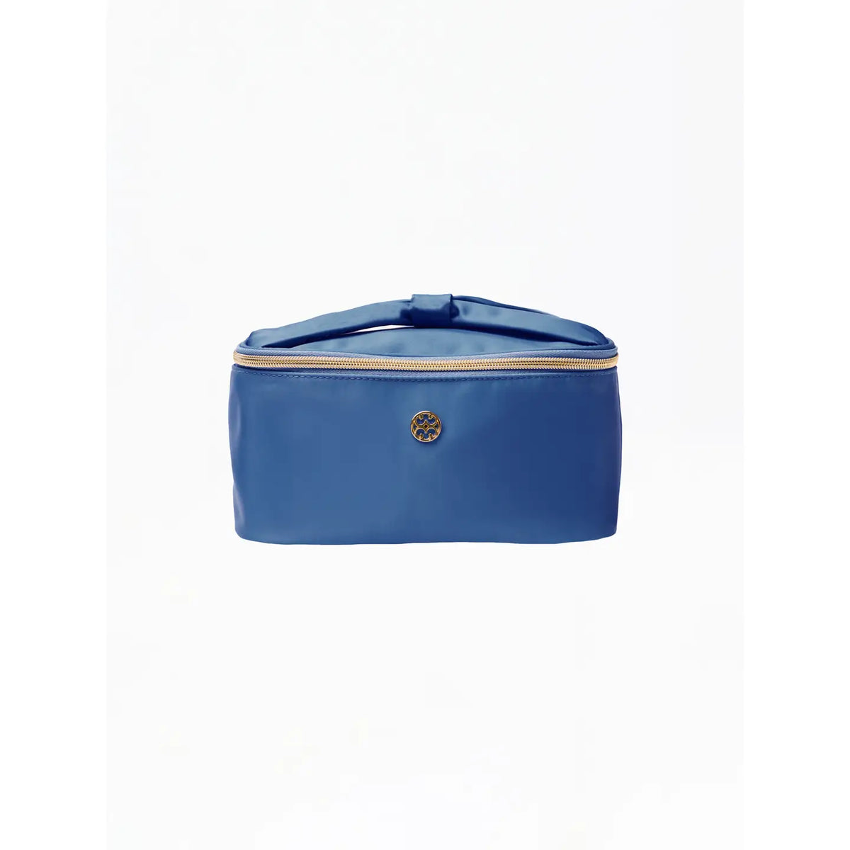 A blue rectangular zippered pouch or cosmetic case with a top handle, shown against a plain white background. A small circular metallic logo is visible on the front.