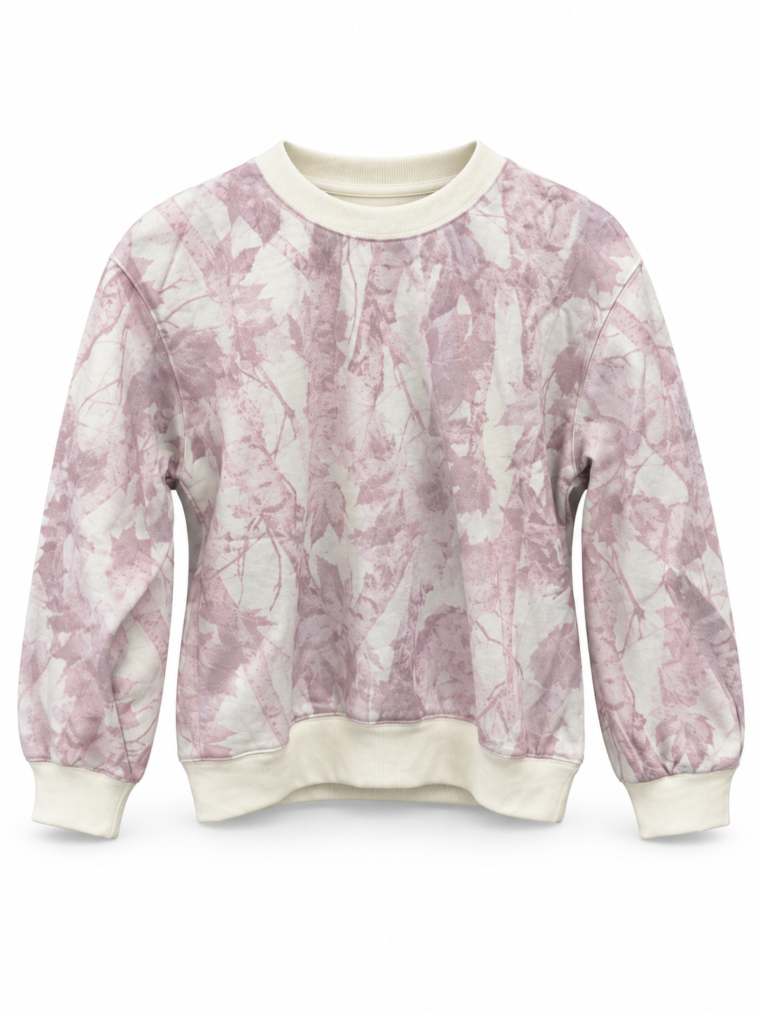 Ivory crewneck sweatshirt with a muted pink and mauve woodland camouflage print, long sleeves, and cream ribbed neckline, cuffs, and hem on a white background.