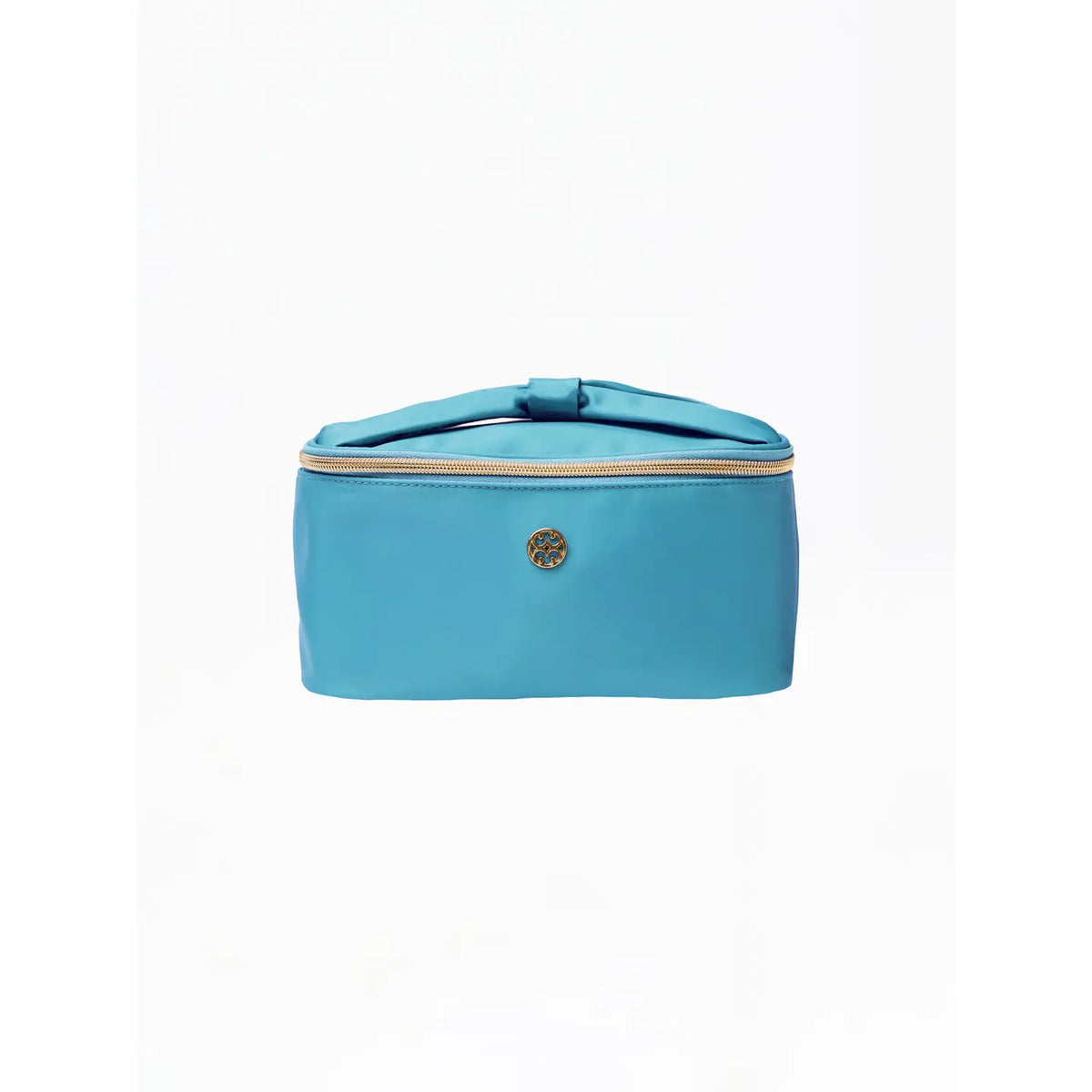 A turquoise blue zippered cosmetic bag with a top handle and a small round gold-tone logo emblem on the front, set against a plain white background.