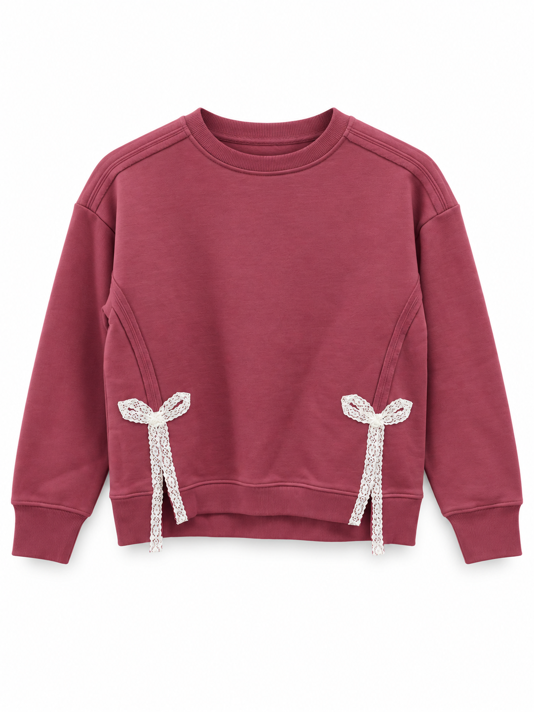 A dusty rose crewneck sweatshirt with decorative white beaded bow details hanging from the side seams near the hem, shown on a plain white background.