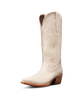 A single cream-colored leather cowboy boot with decorative stitching, a pointed square toe, and a stacked brown heel, shown against a plain white background.