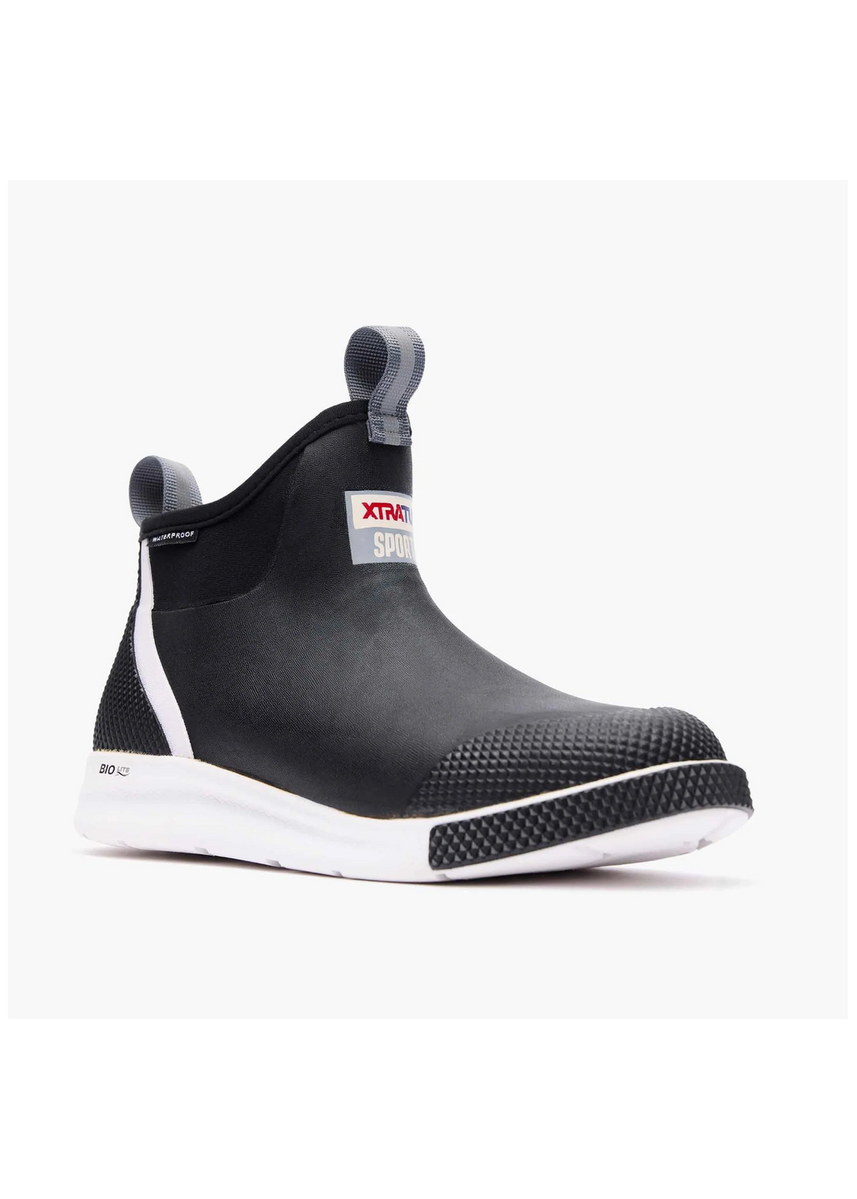 Black ankle rain boot on a white background. 