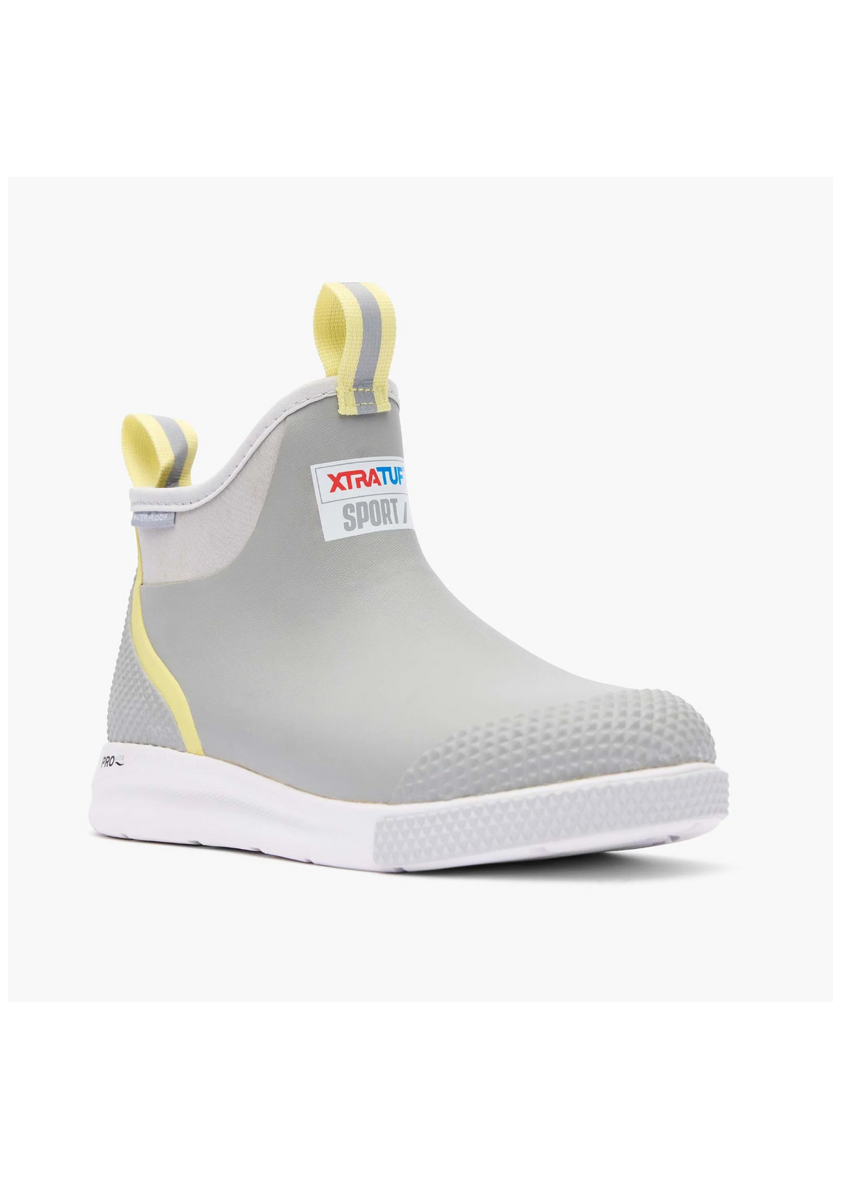 Gray ankle rain boot with yellow pull taps on a white background. 