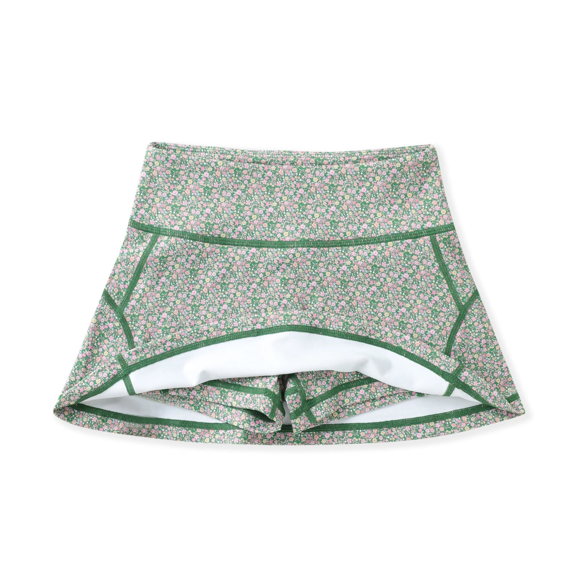 A pair of high-waisted athletic shorts featuring a dense green, pink, and white floral pattern, with solid green contrast stitching and a white interior lining.