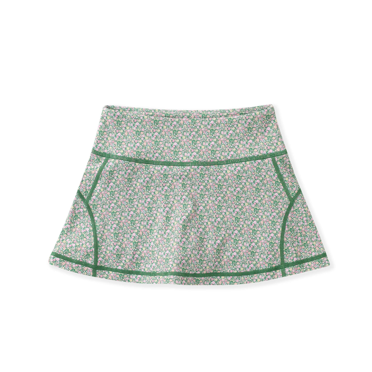 A high-waisted athletic skirt with a dense green, pink, and white floral pattern, featuring solid green contrast piping along the seams, displayed on a clean white background.