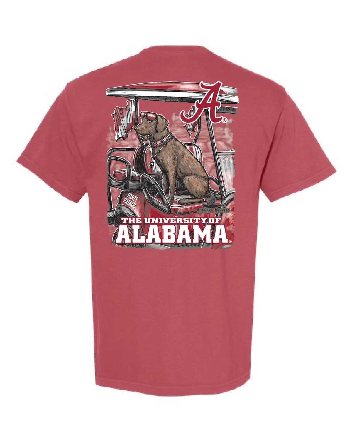 A red short-sleeve t-shirt with a large back graphic featuring a dog in a golf cart, a red 'A' logo, and the text 'THE UNIVERSITY OF ALABAMA'.