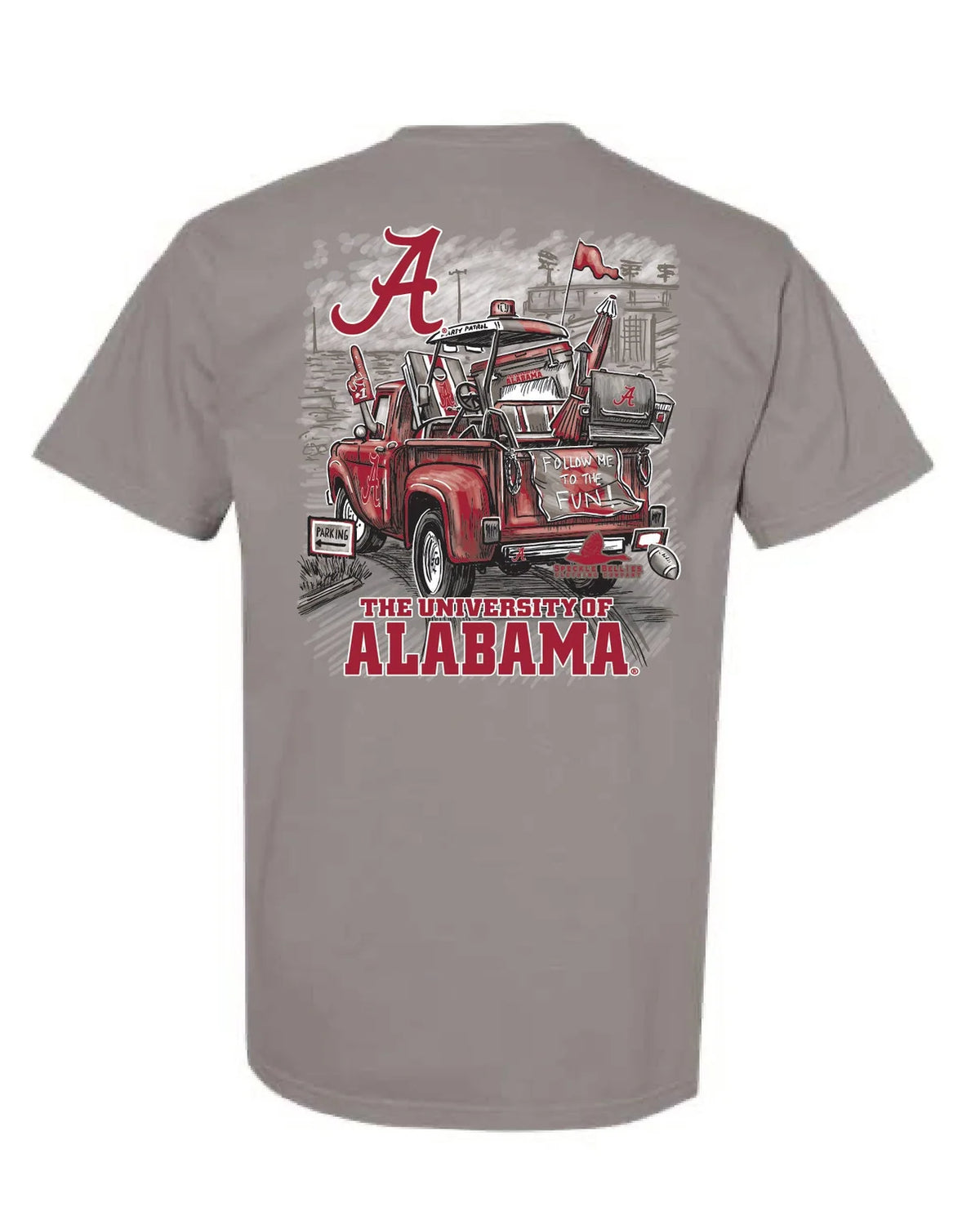 A gray short-sleeve t-shirt showing the back graphic, which features a red and white illustration of a vintage pickup truck with the Alabama 'A' logo and 'The University of Alabama' text.