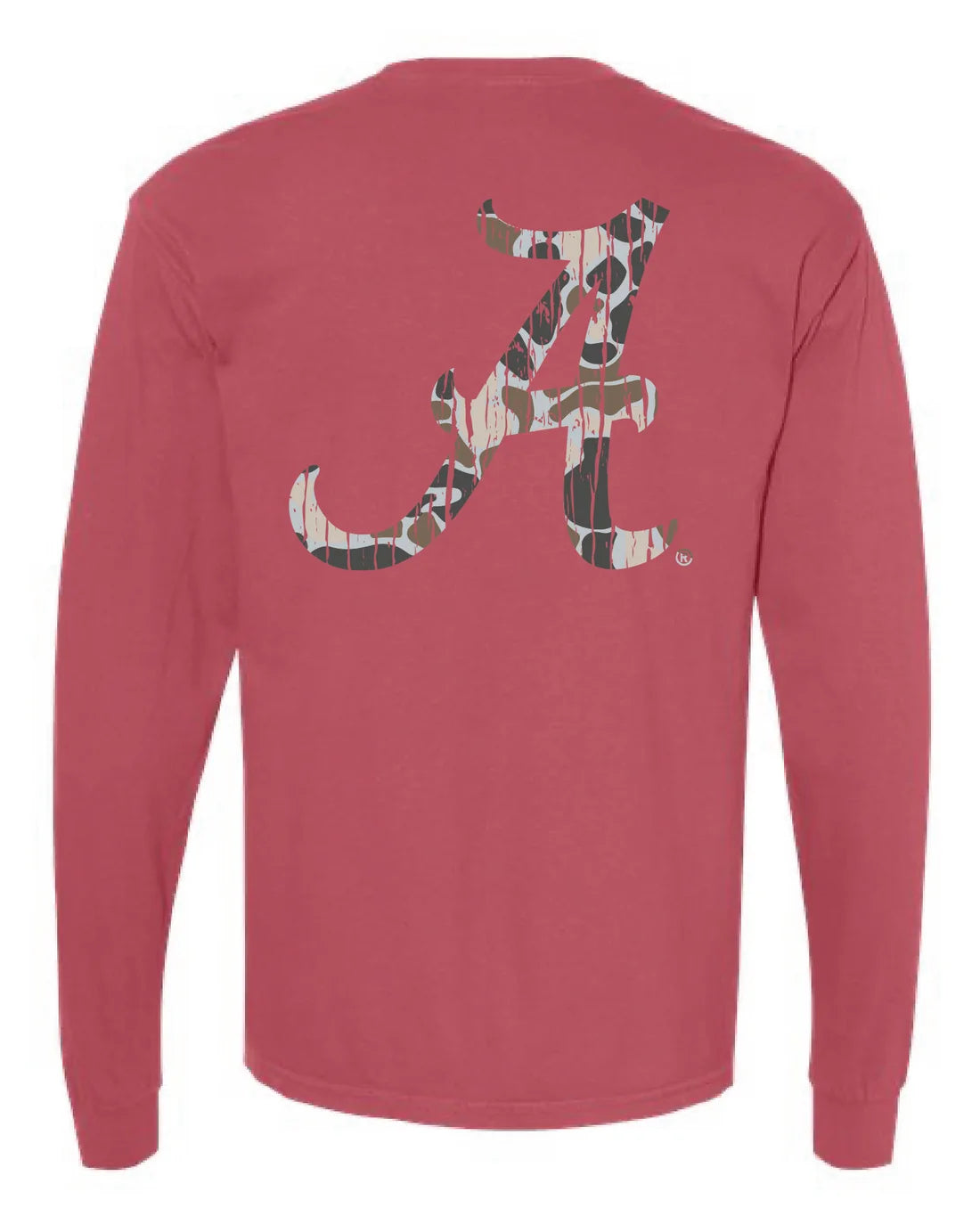 A long-sleeve t-shirt in a dusty rose or muted red color, featuring a large graphic of the Alabama Crimson Tide 'A' logo on the back in a camouflage pattern.