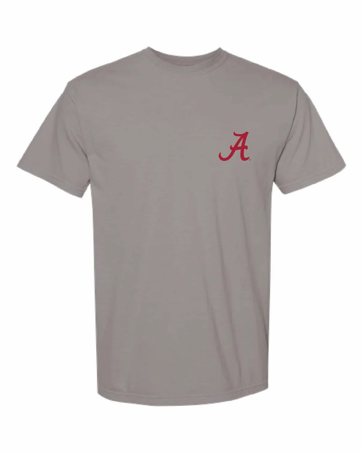 A gray short-sleeve crewneck t-shirt featuring a red embroidered script letter 'A' on the left chest, displayed against a solid white background.