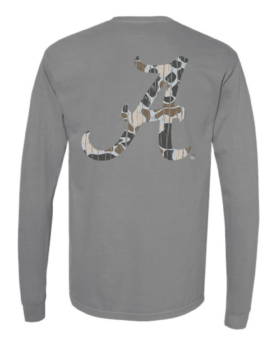 A gray long-sleeve t-shirt shown from the back, featuring a large Alabama Crimson Tide 'A' logo filled with a brown, beige, and black camouflage pattern.