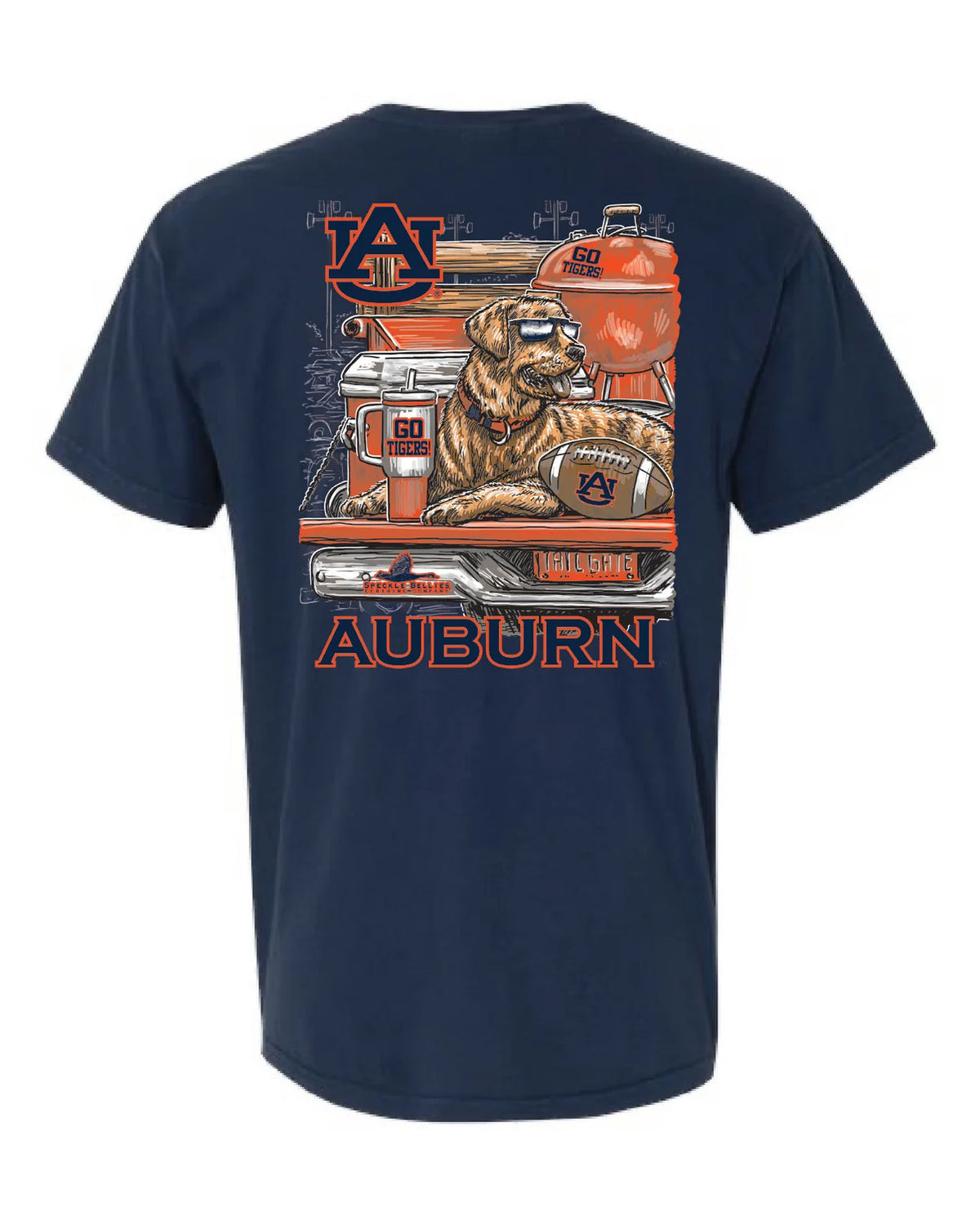 A navy blue short-sleeve t-shirt with a large graphic print on the back featuring an orange and brown truck, a dog wearing sunglasses, a football, and the word 'AUBURN' in orange.