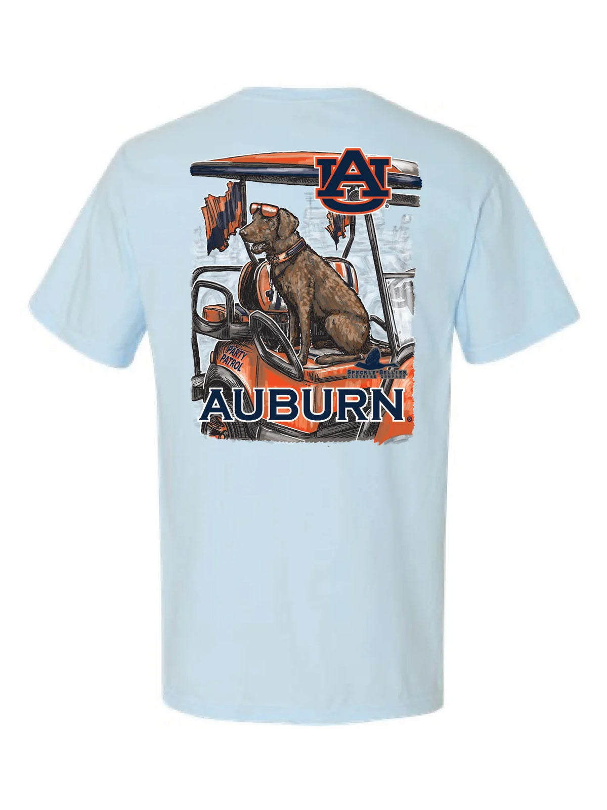 A light blue short-sleeve t-shirt shown from the back, featuring a large graphic print of a dog sitting in an orange and black golf cart with the Auburn logo and 'AUBURN' text.