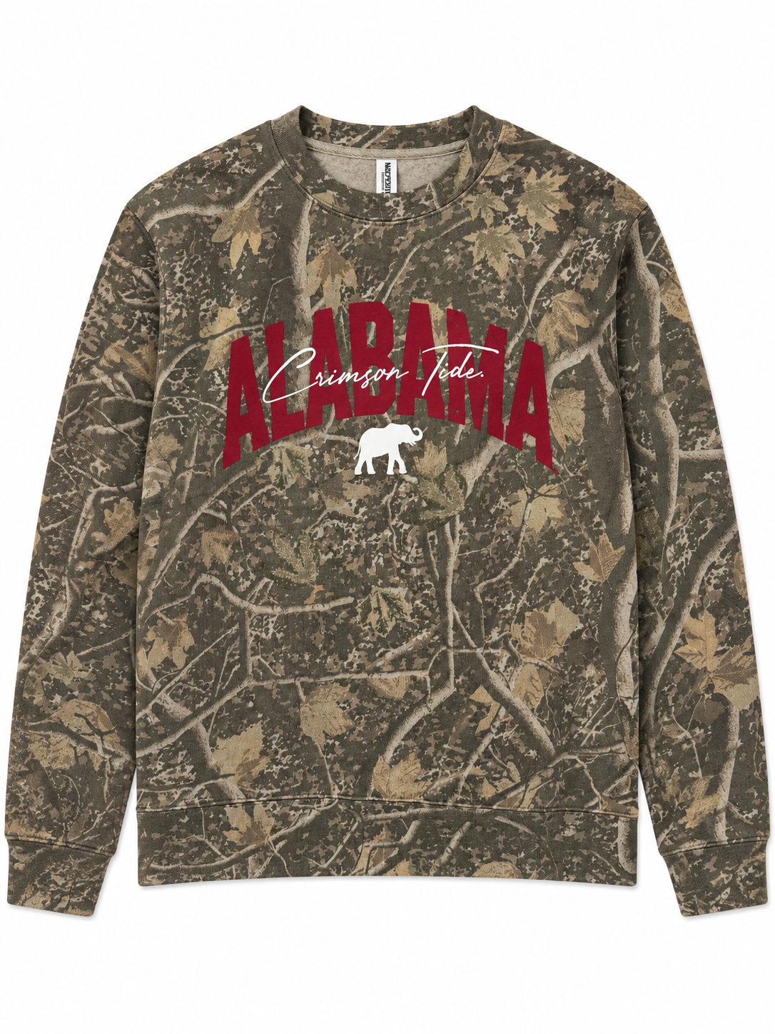 A long-sleeve crewneck sweatshirt featuring a brown and green camouflage leaf and branch pattern. The front has a graphic print with the word 'ALABAMA' in red arched letters, 'Crimson Tide' in white script, and a white bear logo.