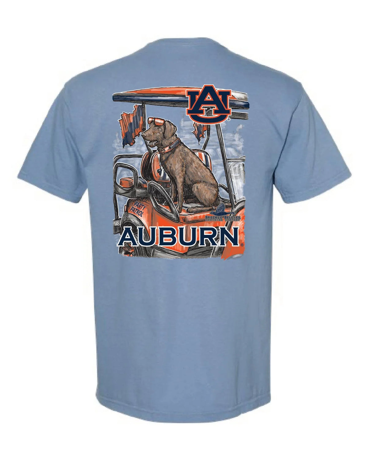 Blue t-shirt with a graphic of a dog in a truck and 'Auburn' text on the back, on a white background.