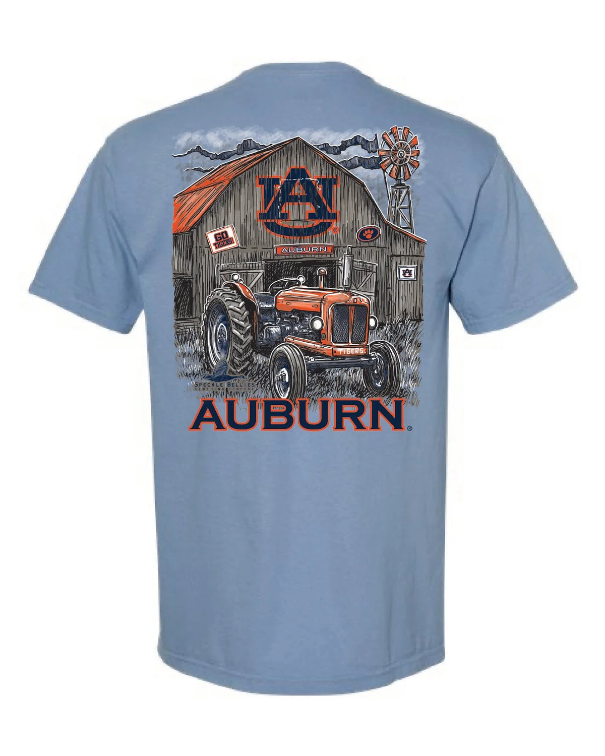 A light blue short-sleeve t-shirt shown from the back, featuring a large graphic print of an orange tractor in front of a barn with Auburn University branding and the word 'AUBURN' printed below.
