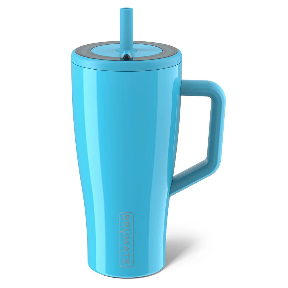 A bright blue insulated travel tumbler with a handle, matching blue lid and straw, and a visible SOUMATE logo near the bottom, shown on a clean white background.